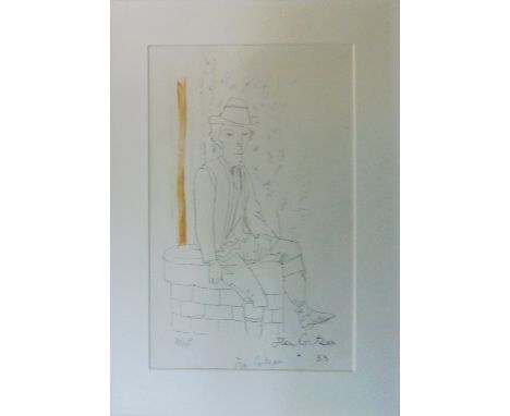 JEAN COCTEAU, 'Jeunne homme au puits' original lithograph in black, orange and blue on velliin, signed by the artist in penci