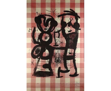 Joan Miro, Spanish (1893-1983) circa 1969 color lithograph on fabric, The Rustics. Signed lower right, numbered 29/75 lower l