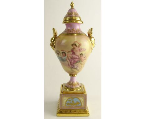 Small Antique Royal Vienna Hand Painted Lidded Bolted Urn. Parcel Gilt Decoration with Panels Depicting Neoclassical Scenes. 