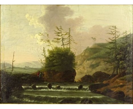 after: Marco Ricci, Italian (1676-1729) Oil on Cradled Panel "Landscape With Figures Along A Steam". Unsigned. Craquelure, Mi