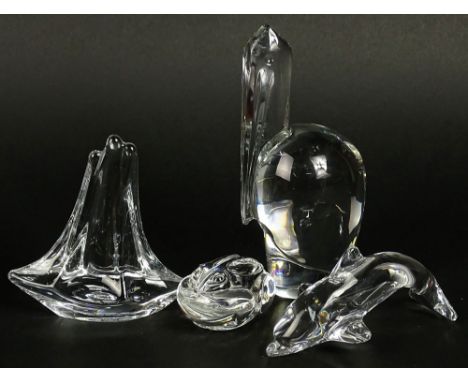 Lot of four (4) Crystal Animal Figurines. Includes Baccarat Pelican, 6-1/2 Inches; Daum France Sailboat; Daum Dolphin; Steube