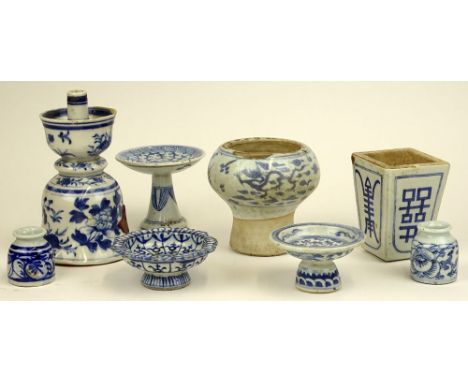 Eight (8) Piece Lot of Early 20th Century Chinese Blue and White Artists Pots. Includes brush washers, water coupes, inkwells