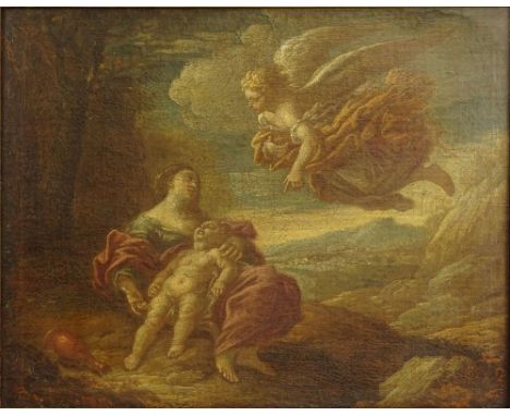 18/19th Century Old Master Oil on Canvas, Mother and Child with Angel. Unsigned. Craquelure, would benefit from cleaning. Mea