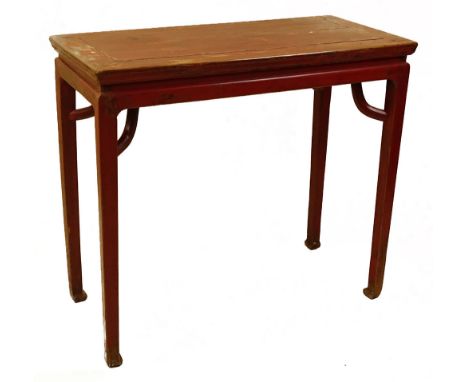 Antique Chinese red polychromed carved wood high top table. Unsigned. Distressed finish consistent with age. Measures 34 inch