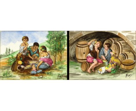 Pair of Modern Transferred and Hand Painted Porcelain Plaques. "Children Eating Fruit", "Children Playing". Both signed Ron o