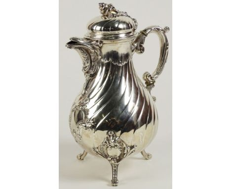 Antique Continental 800 Silver Coffee Server. Pretty Rococo style with shell finial, swirled ribbed body. Signed on bottom 80