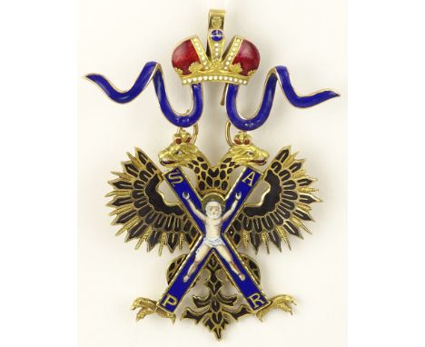 19/20th century Russian Imperial Order of Saint Andrew 14 karat yellow gold and enamel sash badge. Stamped 56 standard mark a
