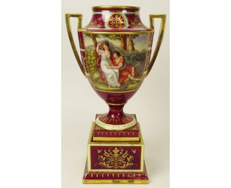 19th Century Royal Vienna Hand Painted Porcelain Bolted Urn. Front Panel Depicts a Romantic Scene, The Back Panel a figure. P