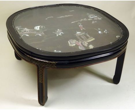 Vintage Japanese glass top sake table with inset hardstones and mother of pearl. Unsigned. Some wear, lifting or in good cond