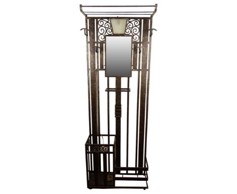 Art Deco Period Wrought Iron Coat Rack/Hall Tree. Ornate with mirror and light. Unsigned. Good Condition. Measures 77 Inches 