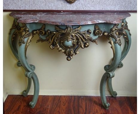 19/20th Century Italian Florentine Carved, Painted and Parcel Gilt Marble Top Wall Mount Console. Unsigned. Repairs, Rubbing 