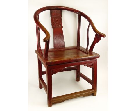 Antique Chinese red polychromed carved wood side chair. Chalk markings on bottom or otherwise unsigned. Wear, rubbing consist