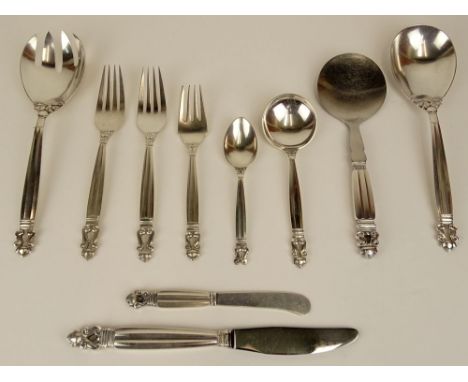 Georg Jensen sixty-four (64) piece Sterling Silver flatware service in the Acorn pattern including: ten (10) dinner forks; te