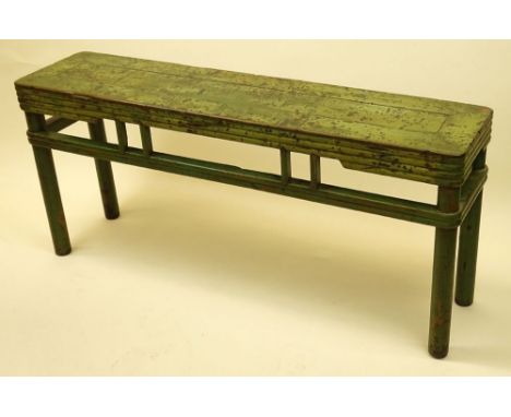 Antique Chinese elm green celadon bench. Unsigned. Distressed finish consistent with age or in good condition. Measures 21 in