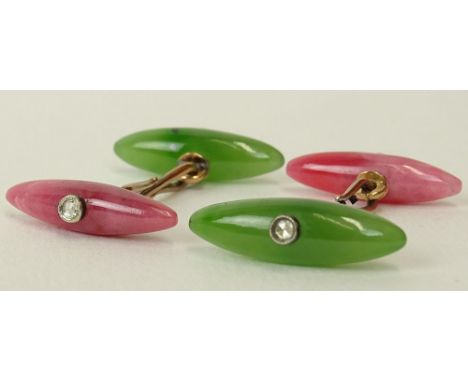 Pair of Early 20th century Russian nephrite jade, rhodonite and 14 karat rose gold cufflinks accented with small rose cut dia