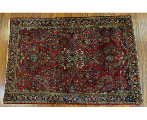 Antique Sarouk Rug. Deep Color. Unsigned. Losses to Fringe, Light Wear to Edges or in Good Condition. Unsigned. Measures 3 Fe