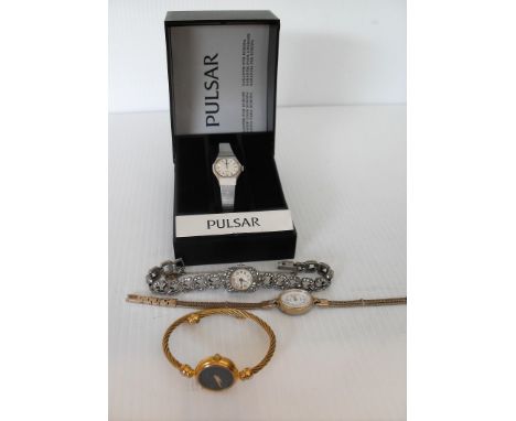 A vintage ladies silver Vidar cocktail watch with stainless-steel back, winds but not running, a boxed pulsar silver bracelet