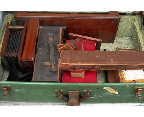 A William Hume ‘The Cantilever’ mahogany and brass horizontal enlarger, a Sanderson Hand Camera, with six plate holders, East