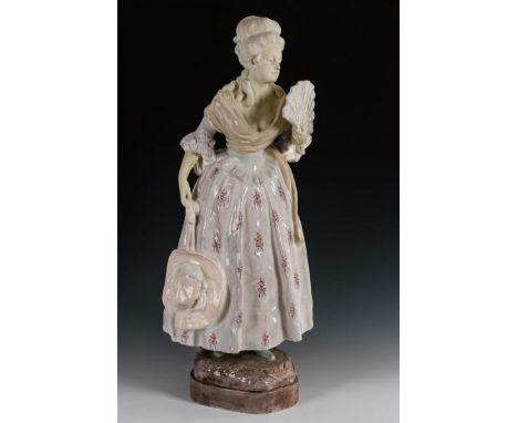 Große Rokoko-Dame mit Fächer und Krinolinenkleid auf Natursockel Wiener Manufaktur Friedrich Goldscheider. Pressmarke "Friedr