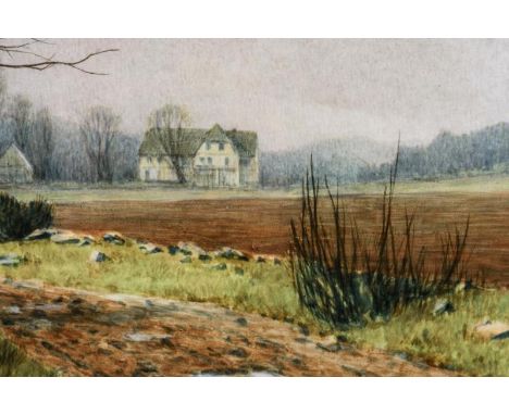 Große Bildplatte mit Landschaft    Ungemarkt.        Links unten signiert "K. Schuster".                    Weiß glasiert, fa