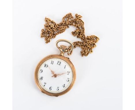             Goldene Damentaschenuhr an Doublée-Gliederkette    Um 1900.        Gehäusenummer: 59009.        Ungemarktes Werk 