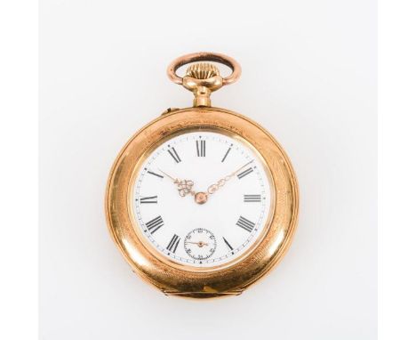  Goldene TaschenuhrUm 1900. Gehäusenummer: 233019.  Ungemarktes Werk mit Ankerhemmung, Schraubenkompensationsunruh, gebläuter