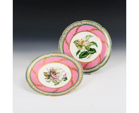 2 Teller mit Blumenmalerei Worcester. Prägemarke, Ende 19. Jh. / 1. H. 20. Jh.  England. Polychrom bemalt, goldstaffiert.  Ø 