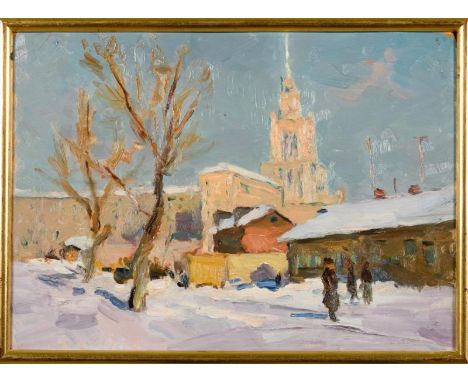   KUDRIASHEV,  Boris(1919 Moskau - 1994 Masyr) Wintermorgen im MoskauÖl/Malkarton.  Russland.  Unsigniert, verso kyrillisch s