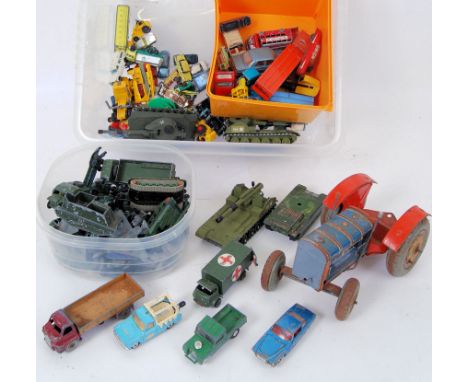 A collection of assorted loose vintage diecast to include; Corgi, Dinky, Lesney, many military themed, along with a vintage u
