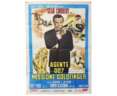 James Bond Goldfinger (R-1980's) Italian One Panel film poster, starring Sean Connery, folded, 39 x 55 inches. 