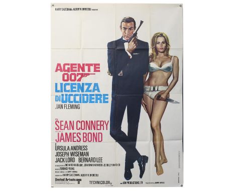James Bond Dr. No (R-1970's) Italian One Panel film poster starring Sean Connery, folded, 39 x 5 inches. 