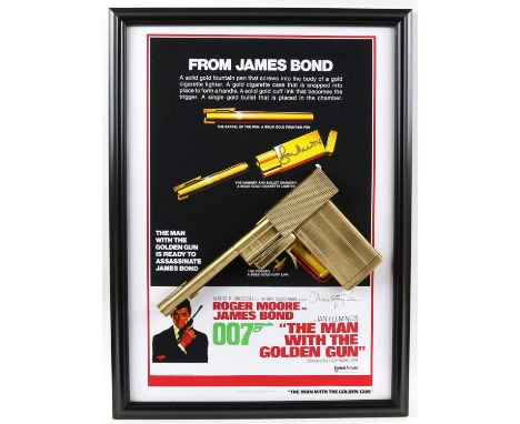 James Bond The Man With The Golden Gun (1974) replica golden gun in framed display with a mini poster signed by Roger Moore a
