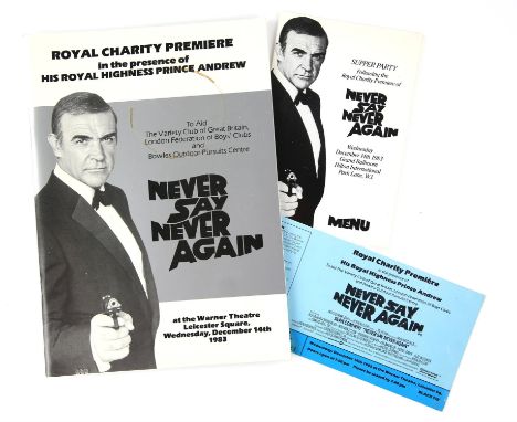 James Bond Never Say Never Again (1983) Premiere programme, After Party menu and ticket for London Leicester Square (3). 