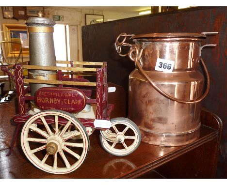 Victorian copper half gallon cream churn with lockable lid and handle, inscribed "W. Leveret, Jersey, Melkery" and a painted 