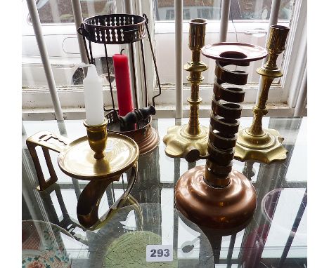 Antique brass and copper candlesticks and candleholders, inc. a twist type and patented brass bracket candleholder