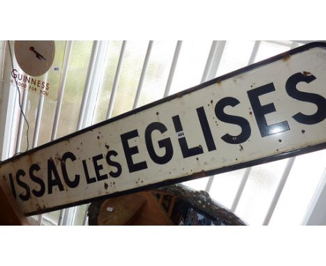 Old French enamel road sign for "Lussac les Eglises"