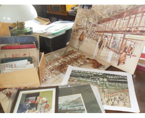 Assorted ephemera including old railway tickets, postcards, booklets, three architects drawings for a proposed Glasgow Centra