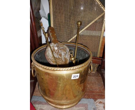 Brass coal or log bucket and fireside tools