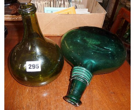 18th c. green glass onion wine bottles and a Persian blue glass flask/bottle