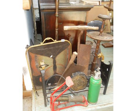 Assorted items including firescreen, bellows, smokers' stand, car pump etc