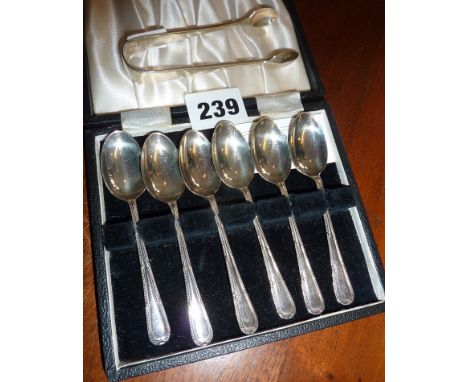 Cased set of silver teaspoons, Sheffield 1961, with silver tongs