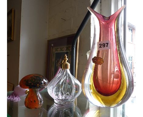 1950/60's cased Murano Sommerso glass vase most likely by Flavio Poli, together with a Mdina mushroom and a Caithness atomise