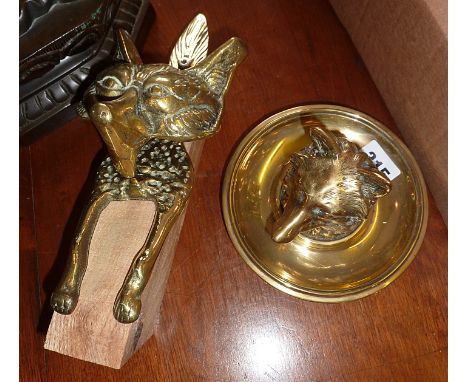 Brass fox head lidded inkwell and a large fox head door knocker