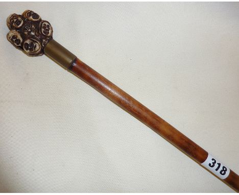 Chinese walking cane with grotesque figural netsuke handle