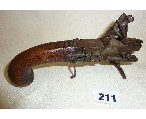 18th c. tinder lighter with pistol grip handle, maker's name to side but illegible