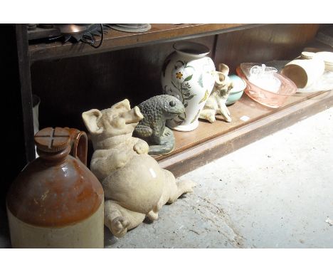 Shelf of assorted pottery & glass etc