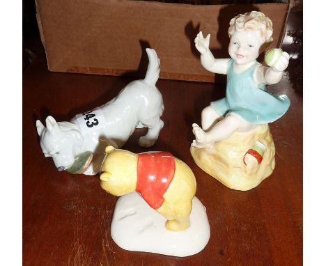 Royal Copenhagen china figurine of a dog with slipper No. 3476, a Royal Worcester figurine of "Sundays Child" and a Royal Dou
