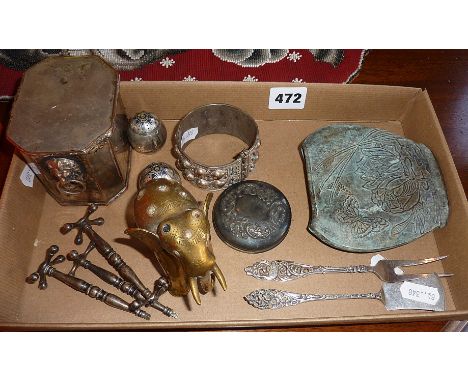 19th c. Sheffield plate tea caddy, Egyptian silver cruets, Indian silver bracelet and other items