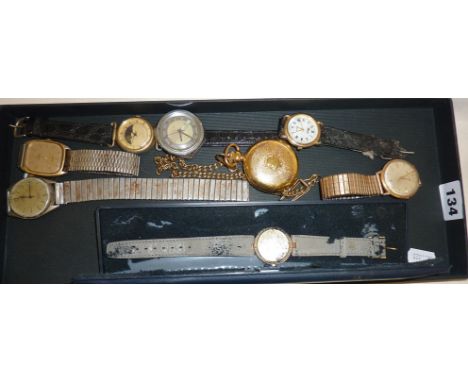 Seven men's wrist watches and a pocket watch. Makers include Smiths Astral, Lorus, Timex etc