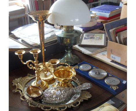 Victorian silver-backed hand mirror, various gilt brass vases etc, and an oil lamp